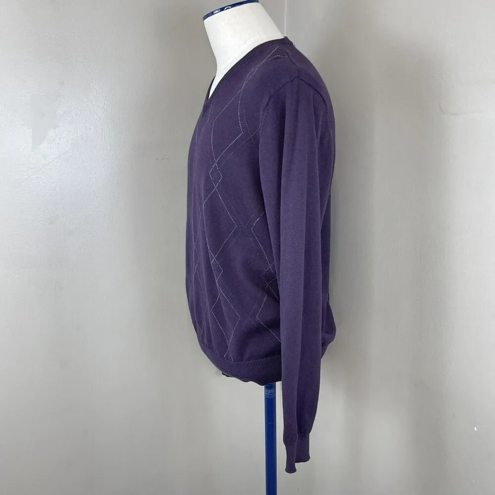 Van Heusen Men’s V Neck Sweater Argyle Purple Cotton Size Large